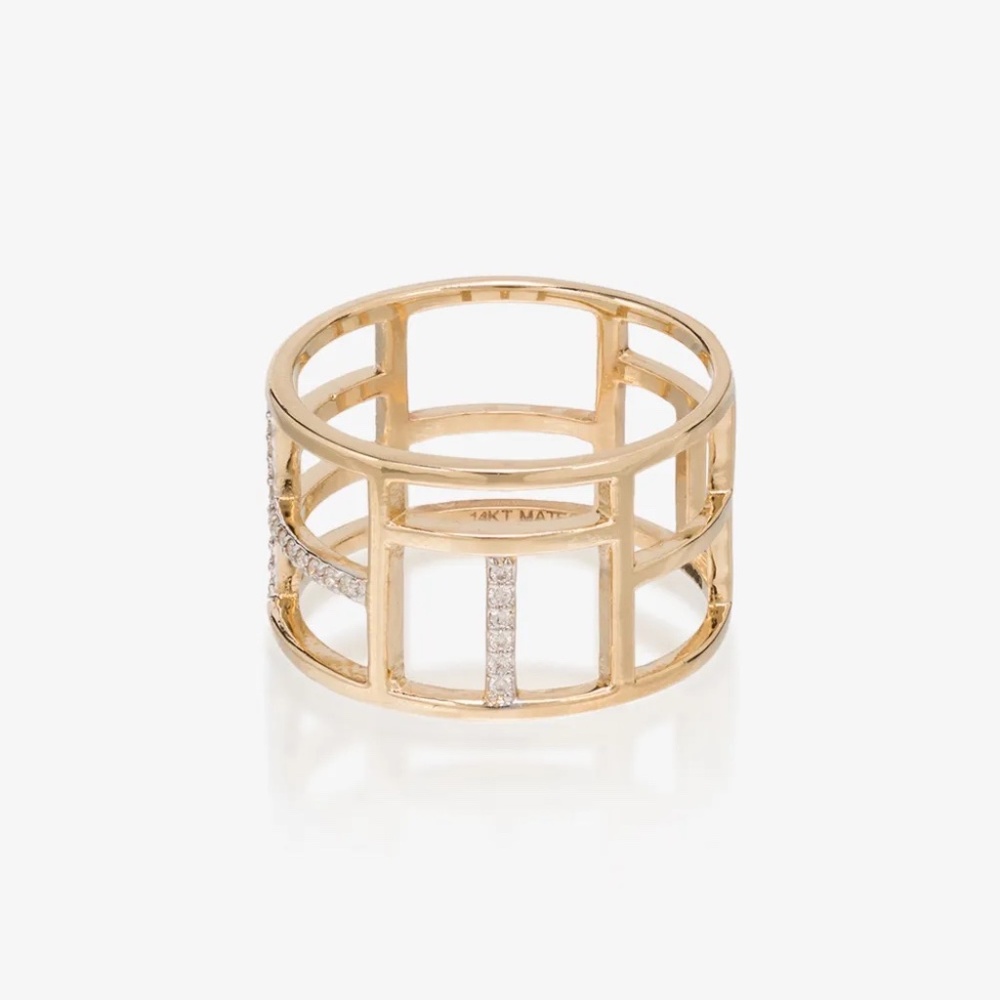 Mateo New York 14k Solid Yellow Gold Wide Diamond Cage Ring sz 8-8.5, 3.6 g